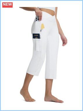 High Waist Cargo Capri Yoga Pants 5 Pockets 21" Straight Leg